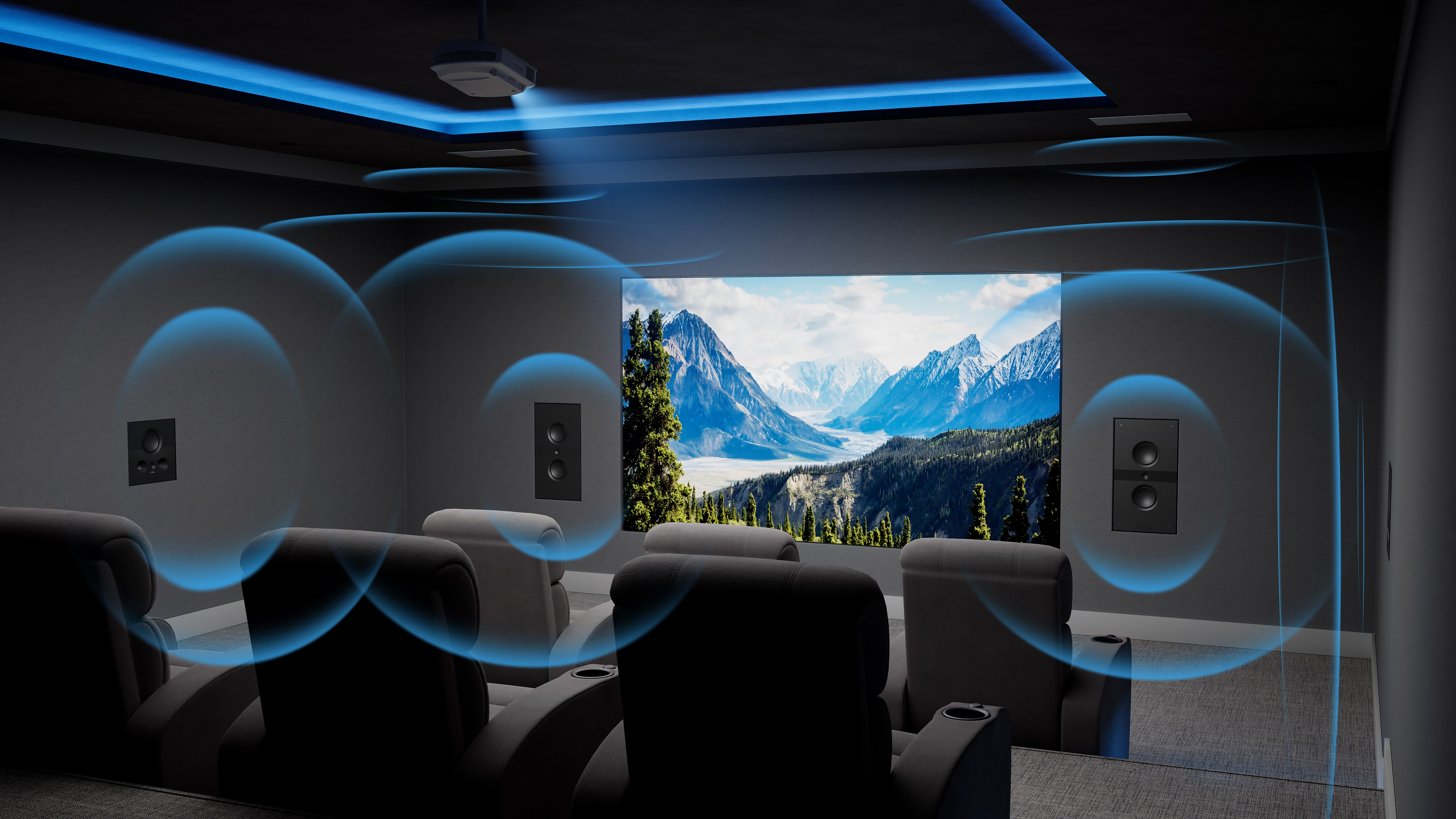 Home theater with blue lighting and immersive surround sound